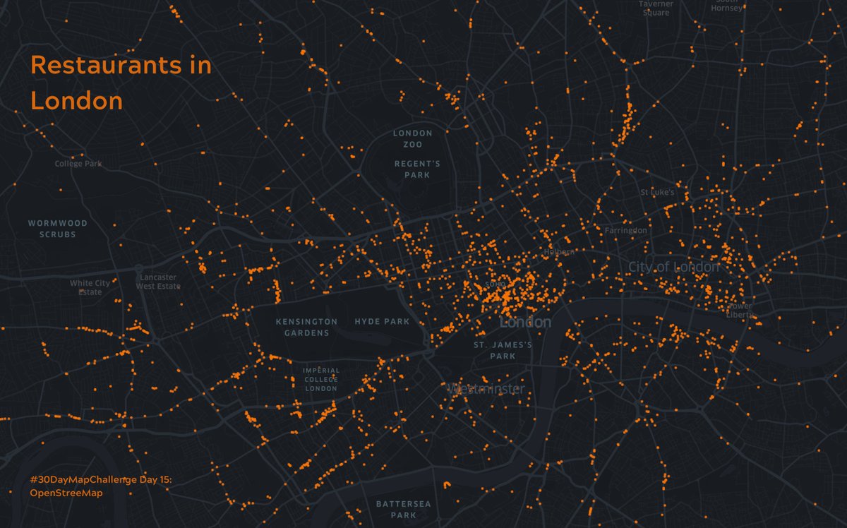 Obiiin's tweet image. #Day15 of the #30mapchallenge: #OpenStreetMap 

There is a reason why London is the hub of foodie culture. In central London you will find a restaurant pretty much on every corner. 

Source: OpenStreeMap

#GIS #mapping #dataviz #London #foodlover