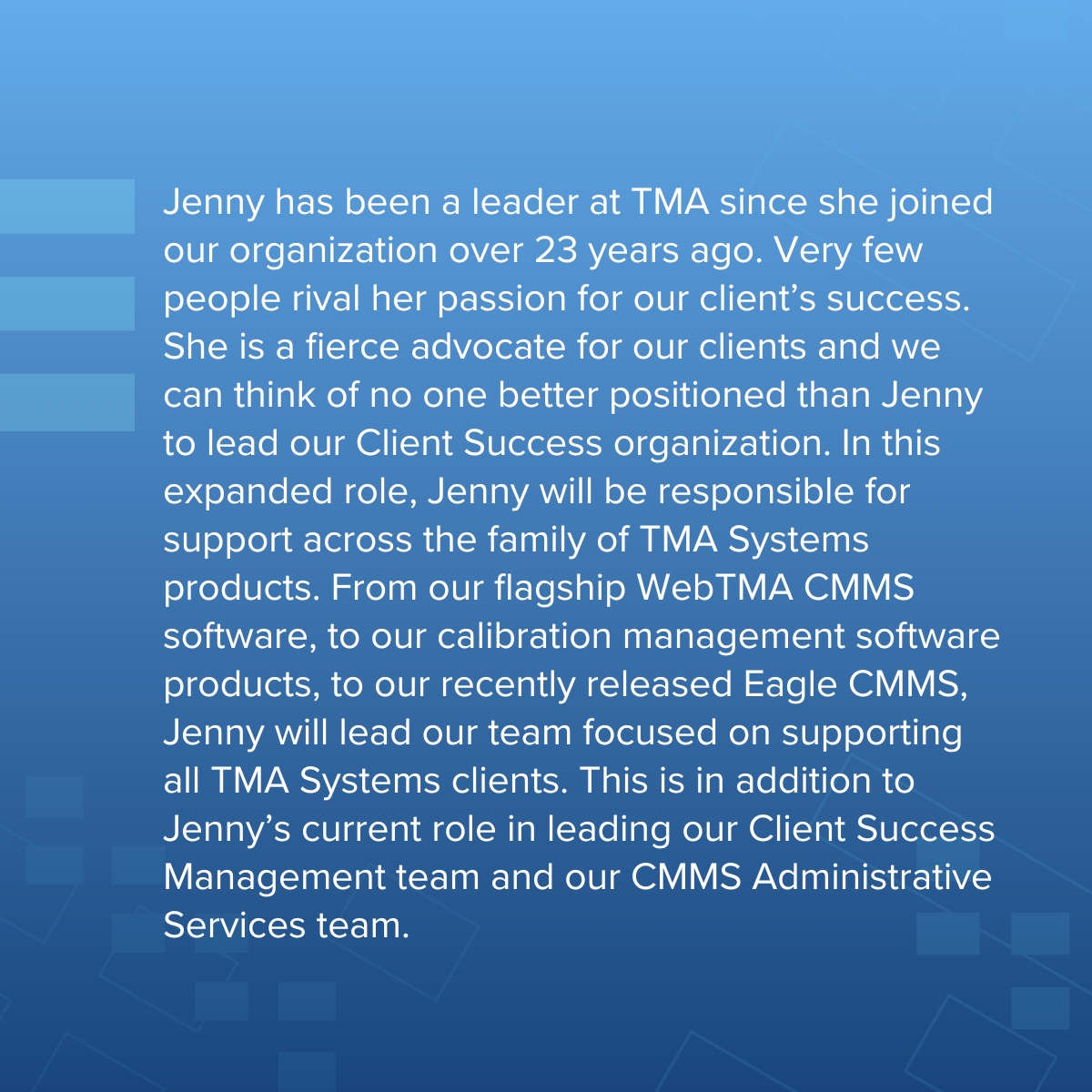 TMA_Systems's tweet image. We’re excited to announce Jenny’s and Adam’s promotion to Director of Client Success and Vice President of Operations respectively. In their expanded roles, they will accelerate our journey of growth and success with their expertise, knowledge, and client advocacy.

#TMASystems