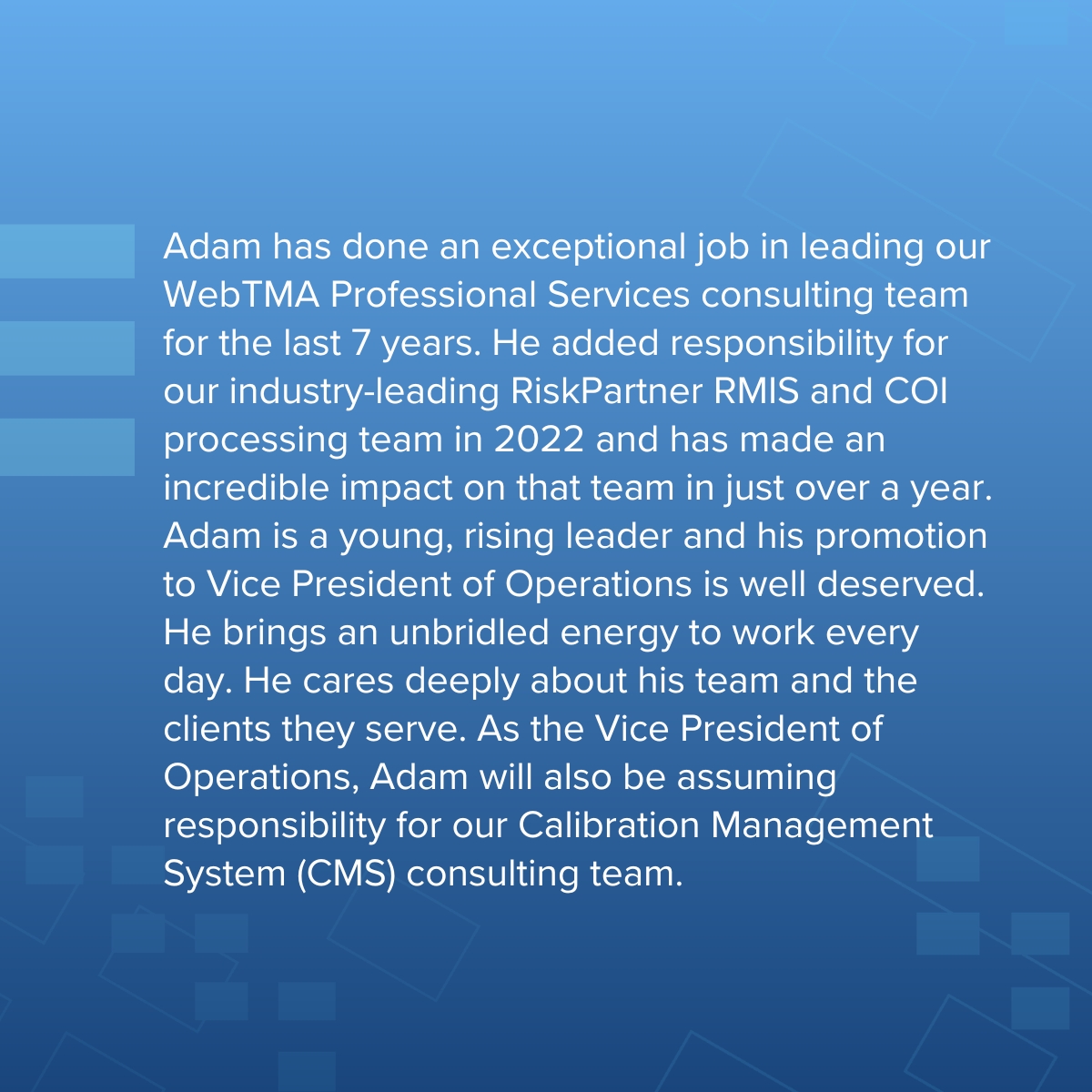 TMA_Systems's tweet image. We’re excited to announce Jenny’s and Adam’s promotion to Director of Client Success and Vice President of Operations respectively. In their expanded roles, they will accelerate our journey of growth and success with their expertise, knowledge, and client advocacy.

#TMASystems