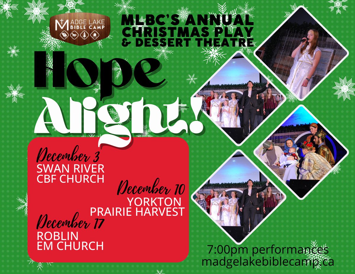 MLBCsk's tweet photo. As the weather turns more wintery, we are getting more and more excited for our Christmas Dessert Theatre! Mark your calendars - we are coming to a town near you!
#mlbc2023 #yorkton #swanriver #roblin #madgelake #biblecamp https://t.co/sfJfIS3QOB