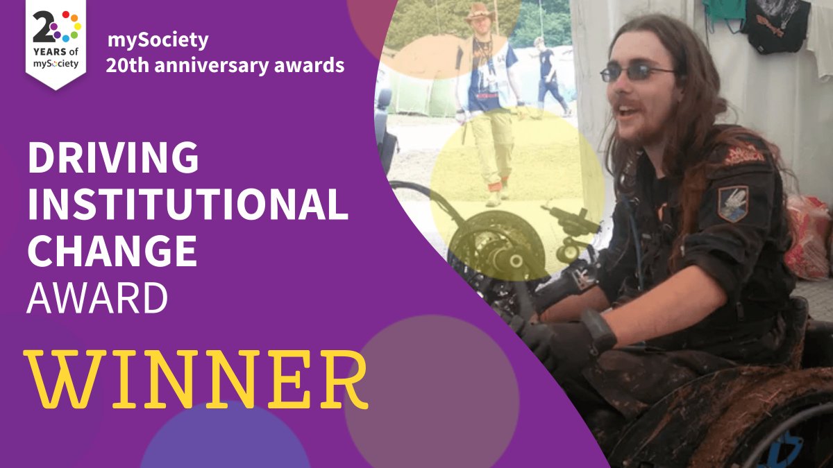 🥁 And the winner of the Driving Institutional Change award is... @crippledcyclist, Richard Bennett, aka the Heavy Metal Handcyclist. 🎉 His award is being collected on his behalf by partner Eryn. #mySocietyAwards #mySocietyis20