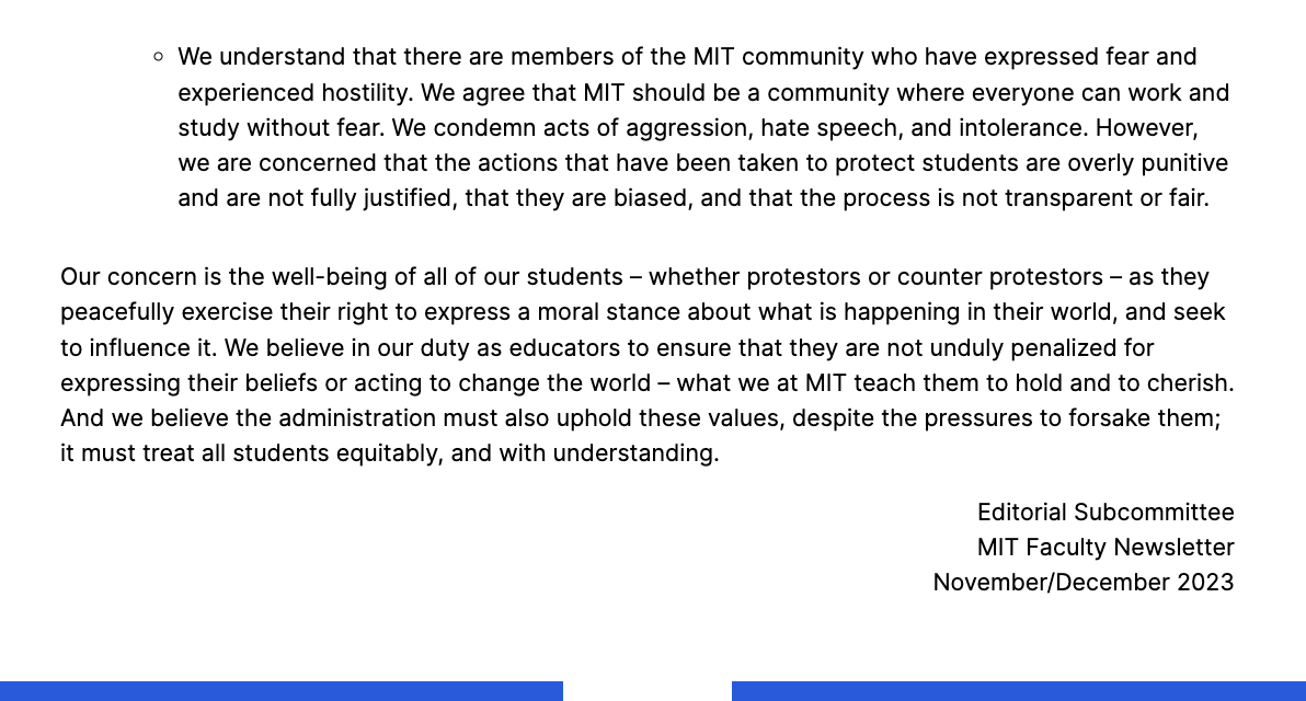 ‼️‼️ MIT Faculty Newsletter releases a strong statement of support, verifying many reports in this thread, and raising concern about Administration response. 

"We understand that there are members of the MIT community who have expressed fear and experienced hostility. We agree