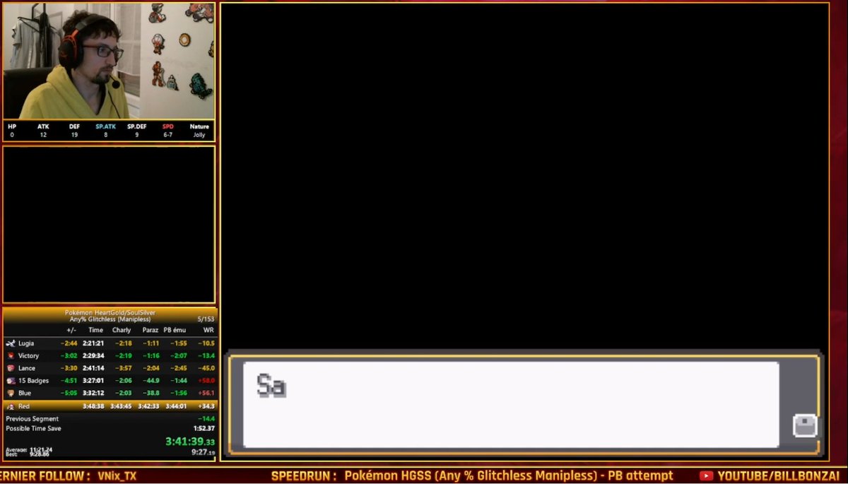 Cette run était incroyable. Une WR pace avec toutes les strats alternatives qui passent (flail VR, early Surge, Strat Paraz). Une énorme erreur me coûte le WR sur brock. Mais cette run ne sera jamais validée car SFR a décidé de crash pendant le DERNIER POKEMON de red. ..