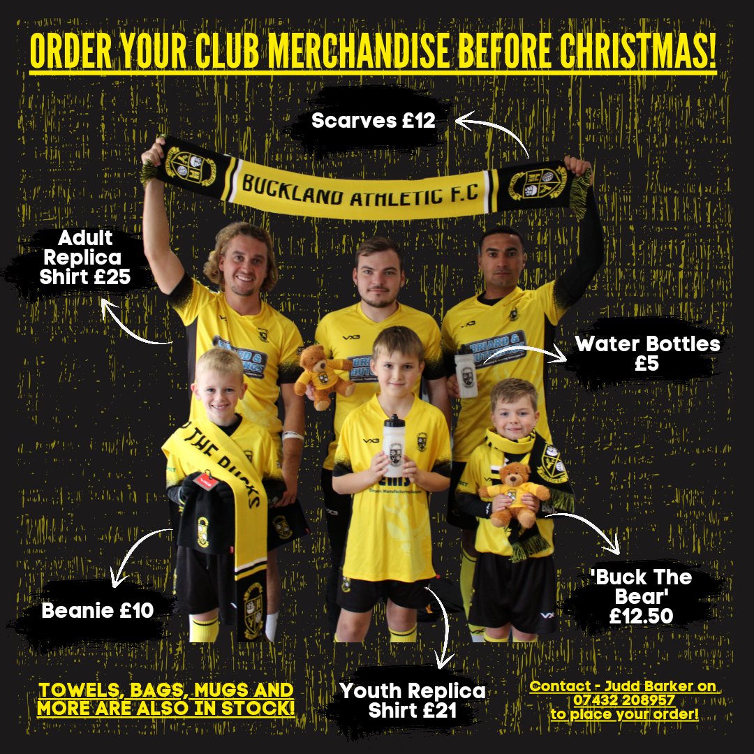 🎅 | Club Merch for Christmas!

Scarves 🧣
Beanies 🧢
Buck The Bear 🧸
Water Bottles 🥤
Replica Shirts 👕
Mugs ☕️

And much more!

Place your Christmas Club Merch order now by visiting Homers Treats on a Match Day or contacting @judd_barker on 07432 208957.

#UpTheBucks 🟡⚫️