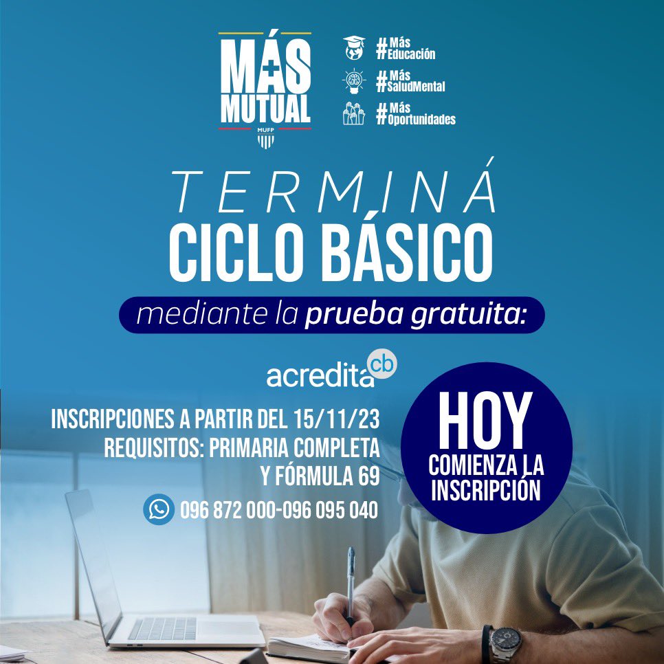 👨🏻‍🎓 𝐇𝐎𝐘 𝐂𝐎𝐌𝐈𝐄𝐍𝐙𝐀 𝐋𝐀 𝐈𝐍𝐒𝐂𝐑𝐈𝐏𝐂𝐈𝐎́𝐍

Si sos mayor de 21 años (cumplidos al momento de realizarla- 6/7/24) y queres finalizar Ciclo Básico, hoy comienzan las inscripciones. Y en marzo comenzamos a ¡prepararla juntos! ¡𝐓𝐨𝐭𝐚𝐥𝐦𝐞𝐧𝐭𝐞 𝐆𝐑𝐀𝐓𝐈𝐒!