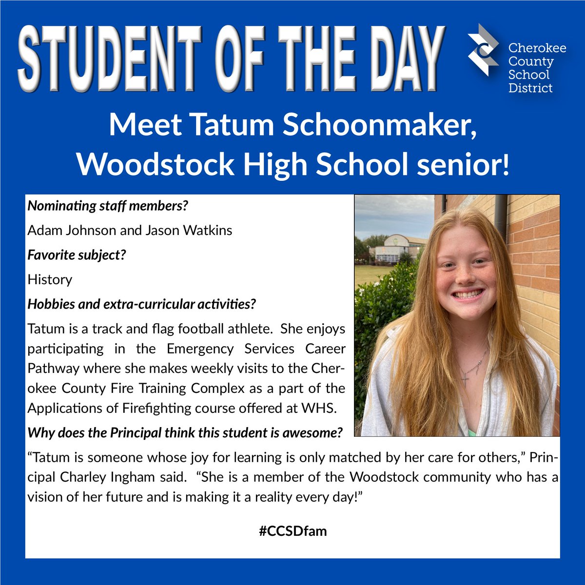 CCSD's 'Student of the Day' is announced on WLJA 101.1 FM between 7-7:15 a.m. and 5-5:15 p.m. each school day, and we highlight these outstanding students here, too. #CCSDfam