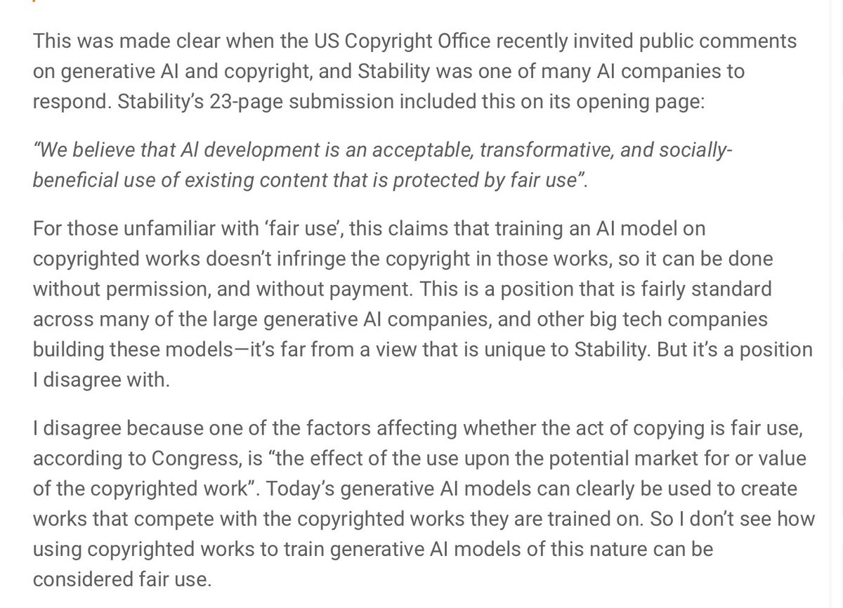 neilturkewitz's tweet photo. “Today’s generative AI models can clearly be used to create works that compete with the copyrighted works they are trained on. So I don’t see how using copyrighted works to train generative AI models of this nature can be considered fair use.”
—@ednewtonrex https://t.co/bKZzYJmsqs