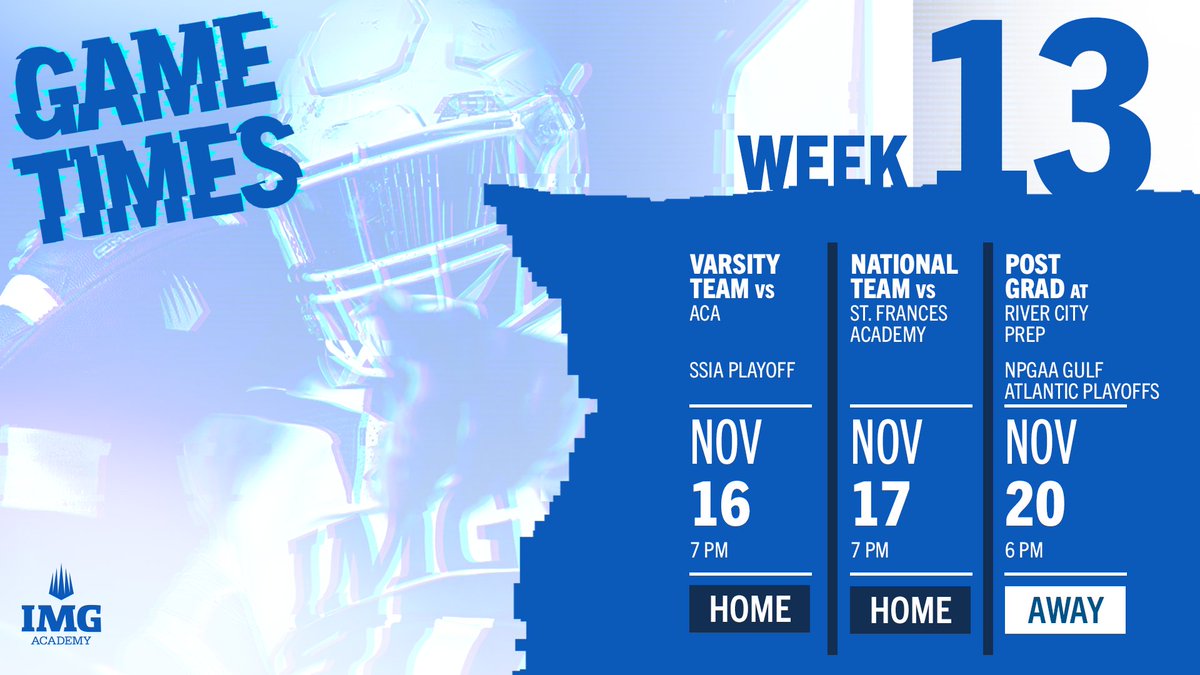 IMGAFootball's tweet photo. It's the final countdown 💯 

Varsity: 11/16 🆚 ACA
National: 11/7 🆚 St. Frances
Post Grad: 11/20 📍Pooler Recreation Complex, GA https://t.co/jTPiKP1qat