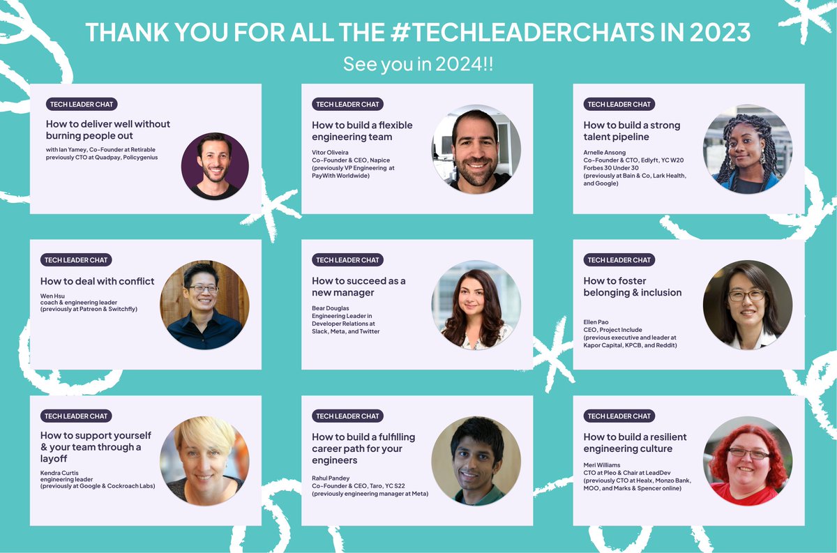 MultitudesCo's tweet photo. Thank you for a great 2023 of inspiring #TechLeaderChats! @geek_manager, @ekp, @nelly_ans, @rpandey1234, @beardigsit, @ianyamey, Kendra, Wen, and Vitor!

Full talks here: https://t.co/nEXbpR6VQn. 

Reach out to nominate an eng leader who inspires you for a 2024 #TechLeaderChat! https://t.co/GPqlLsPl73