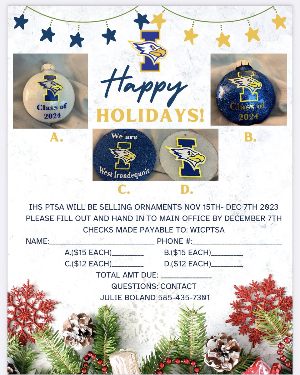 🦅The IHS PTSA has launched its annual holiday ornament fundraiser! See the designs and details on how to purchase at IHS below! 

<a href="/wicptsa/">West Irondequoit Central PTSA</a> 
<a href="/IrondequoitHS/">Irondequoit HS</a>