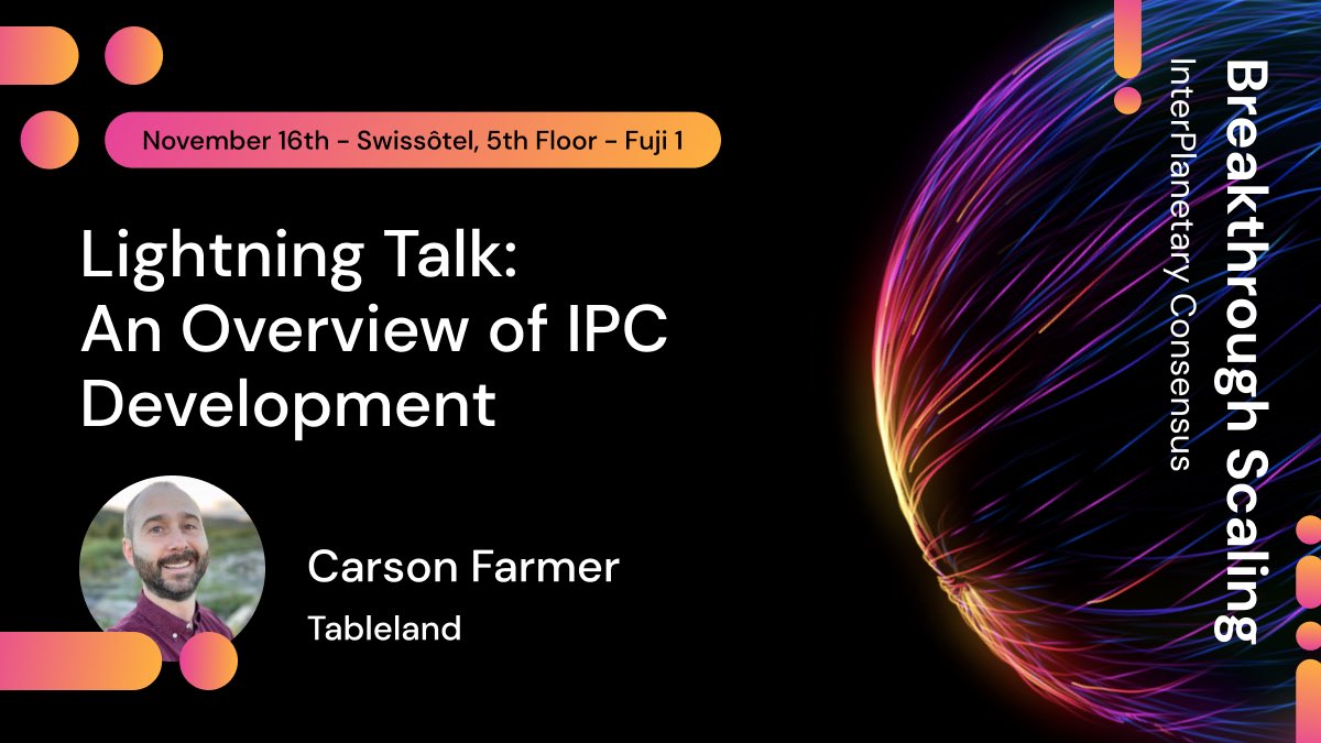 carsonfarmer's tweet photo. Excited to be a speaker at 'Breakthrough Scaling with IPC' tomorrow Nov 16th at #LabWeek23 🚀 Join me as we dive into the future of decentralized scaling with InterPlanetary Consensus🌐 See you there! https://t.co/9REE74DZws https://t.co/oG3UN6VLgL