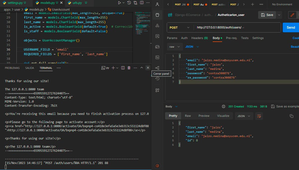 Jarez_Dev's tweet image. #100DaysOfCodepython #100DiasDeCodigo #pythoncode
En el día 65, implementé un modal para usuarios, utilizando Djoser para gestionar activación, inicio de sesión y generación de tokens. Realicé pruebas con Postman,se que es algo básico pero aun asi me resultó emocionante.🥳🥳