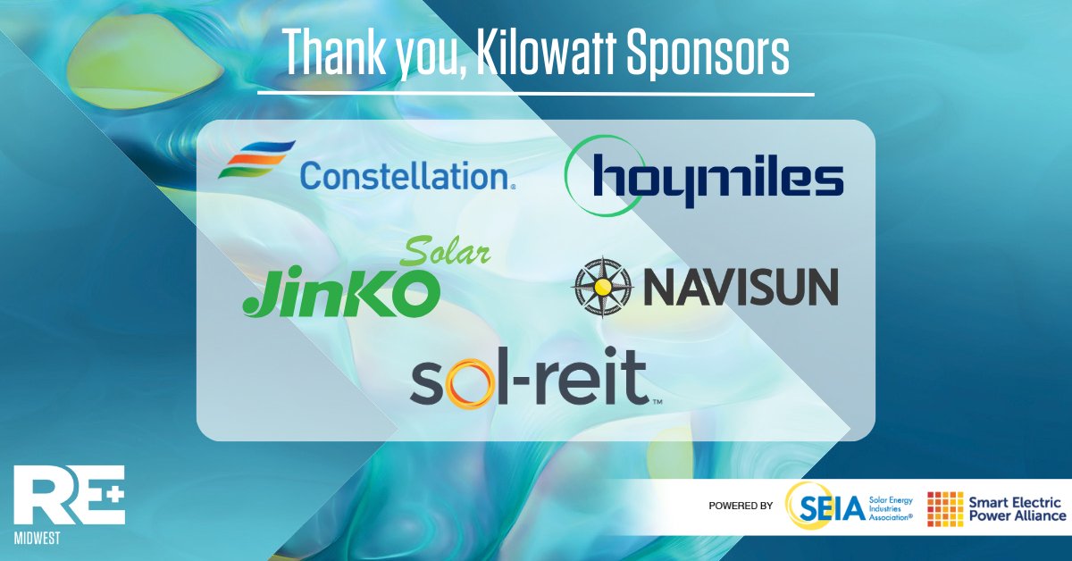 REPlusEvents's tweet photo. Thank you Kilowatt Sponsors for your contribution to RE+ Midwest! #REPlusMW @ConstellationEG @HoymilesGlobal @jinko_solar Navisun @sol_reit https://t.co/Qu51TZWb3R