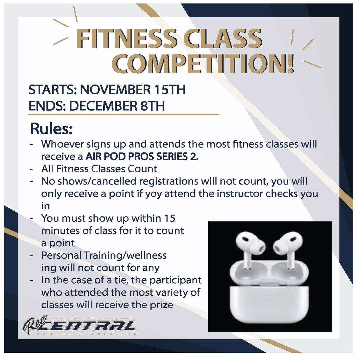 𝐅𝐢𝐭𝐧𝐞𝐬𝐬 𝐂𝐥𝐚𝐬𝐬 𝐂𝐨𝐦𝐩𝐞𝐭𝐢𝐭𝐢𝐨𝐧!

Our fitness class competition starts TODAY! Sign up and attend to as many fitness classes you can from now until Dec 8th for a chance to win AirPods Pro!