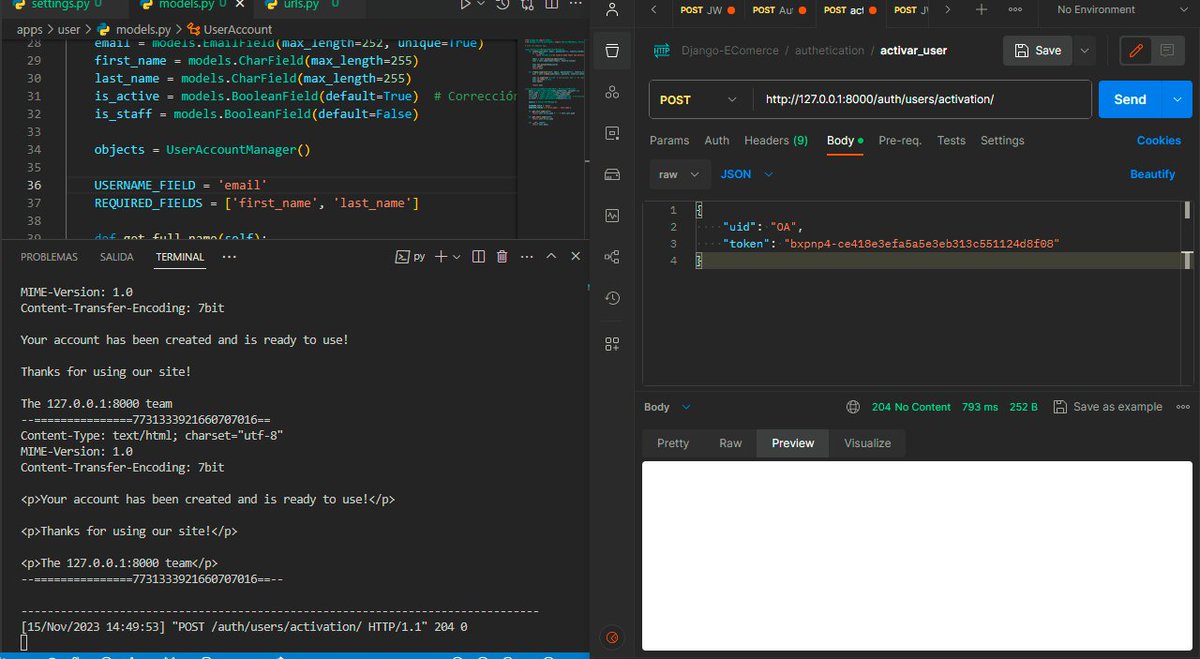 Jarez_Dev's tweet image. #100DaysOfCodepython #100DiasDeCodigo #pythoncode
En el día 65, implementé un modal para usuarios, utilizando Djoser para gestionar activación, inicio de sesión y generación de tokens. Realicé pruebas con Postman,se que es algo básico pero aun asi me resultó emocionante.🥳🥳