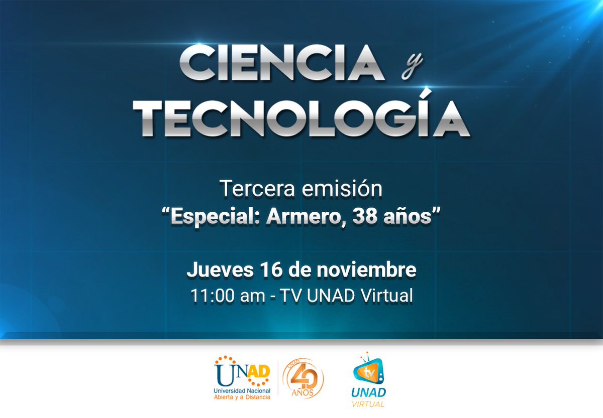 El programa Ciencia y Tecnología de la ECBTI de la <a href="/UniversidadUNAD/">Universidad UNAD</a> invita al lanzamiento del "Especial: Armero, 38 años"
Fecha: jueves 16 de noviembre
Hora: 11:00 am
Enlace: youtu.be/dtOWtnczdFU?si…

<a href="/ClaudioCamiloG1/">Claudio Camilo Gonzá</a> <a href="/soniaxmo/">Sonia Moreno</a> <a href="/jjsepulvedal/">Jheimer Julián Sepúlveda López</a> <a href="/UNAD_Cadena_ETR/">ETR_UNAD</a>