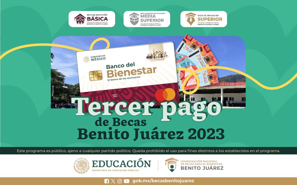 BecasBenito's tweet photo. ¡Tercer pago de #BecasBenitoJuárez de 2023!

Becaria y becario de #MediaSuperior 👩‍🎓🧑‍🎓 y #Superior 🎓 si:

• Ingresaste en julio de 2023 o antes
• Cobrar #TuBecaEnTuTarjeta 💳

Entra a este enlace y conoce toda la info que necesitas para recibir tu beca👉 https://t.co/9fgjFPVaUE https://t.co/iKVKNjJlxR