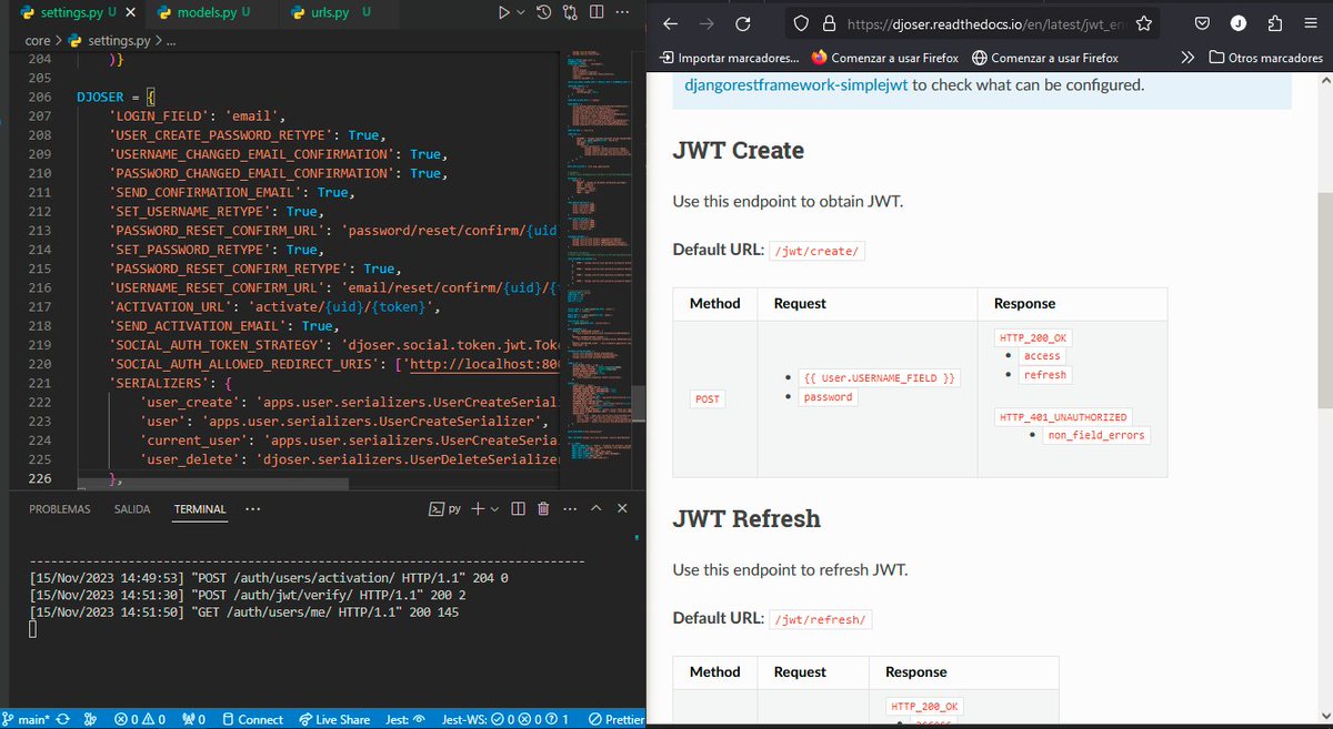 Jarez_Dev's tweet image. #100DaysOfCodepython #100DiasDeCodigo #pythoncode
En el día 65, implementé un modal para usuarios, utilizando Djoser para gestionar activación, inicio de sesión y generación de tokens. Realicé pruebas con Postman,se que es algo básico pero aun asi me resultó emocionante.🥳🥳