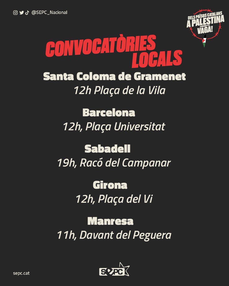 🇵🇸 #VAGA16N || Convocatòries de demà arreu del territori.

Dels Països Catalans a Palestina, Secundària a la Vaga!