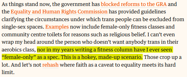 JustMisogyny's tweet photo. Your occasional reminder that Zoe Williams once claimed she'd never heard of female-only exercise classes, despite writing about them in 2013. https://t.co/NDXWANhZYJ