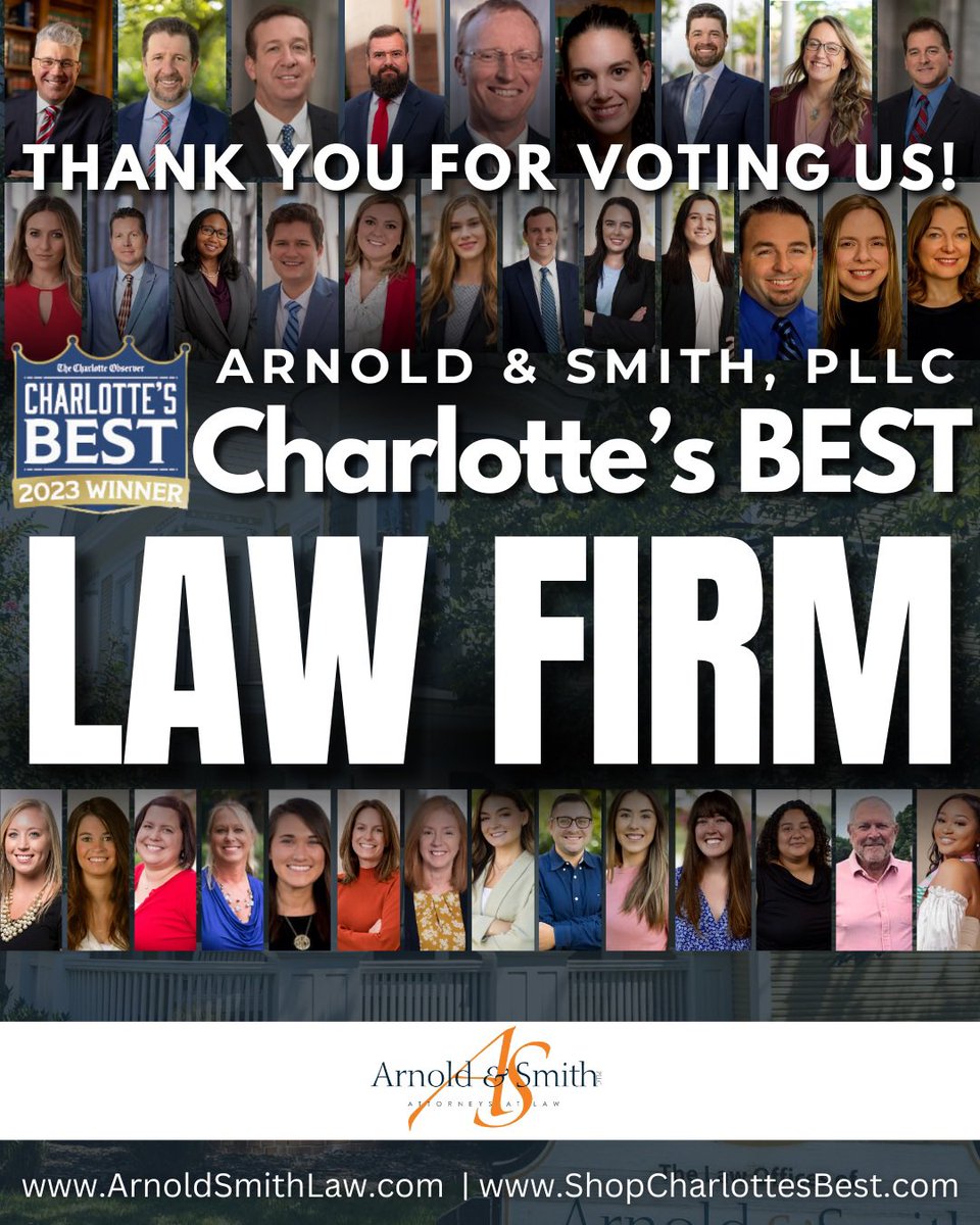 ArnoldSmithPLLC's tweet photo. Arnold &amp; Smith, PLLC is thrilled to announce that we have been named Charlotte's Best 2023 Law Firm by the Charlotte Observer. 🎉⚖️🏛️
🤝Thank you for your support and for voting for us. We are deeply grateful!
➡️Check out our feature in the magazine here https://t.co/yTLdLBe7Fc https://t.co/duXhdUk4H5