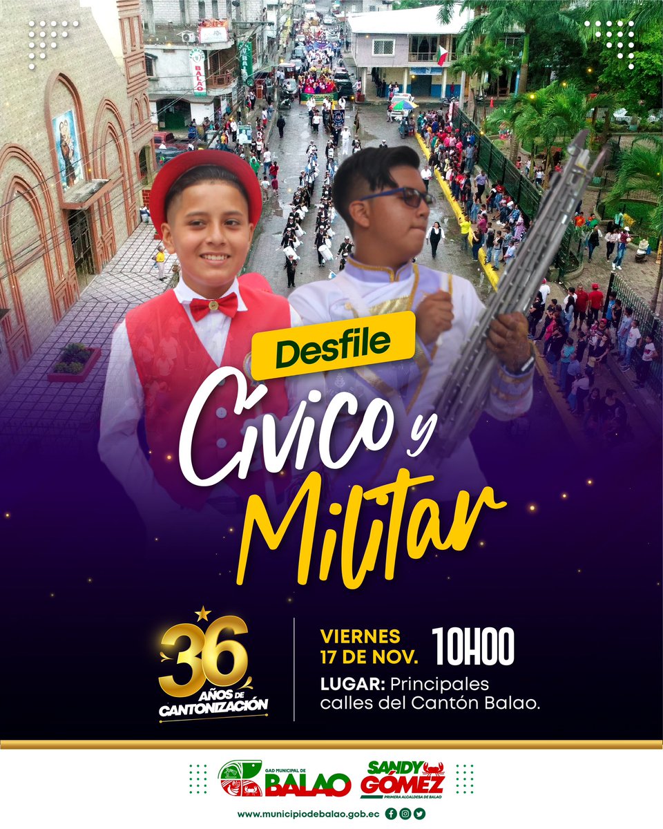 SandyGm33's tweet photo. La Alcaldía Ciudadana de Balao y la alcaldesa Sandy Gomez te invitan a que nos acompañes y disfrutes del desfile cívico y militar. ¡Te esperamos para vivir juntos este momento lleno de orgullo y civismo! 🇪🇨🎉 

#BalaoViveSusFiestas 
#SandyGómezPrimeraAlcaldesa https://t.co/IVlgrh9VGh