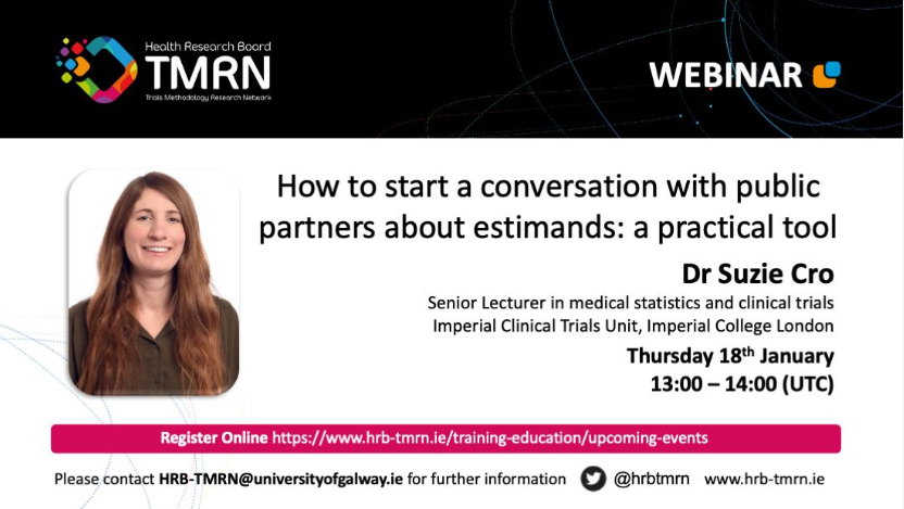 Interested in hearing about a co-developed a tool for researchers and public partners to use to facilitate the involvement of public partners in estimand discussions? register to attend this upcoming <a href="/hrbtmrn/">HRB-TMRN</a>  webinar with <a href="/Suzie_cro/">Suzie Cro</a> January 18th  hrb-tmrn.ie/training-educa…