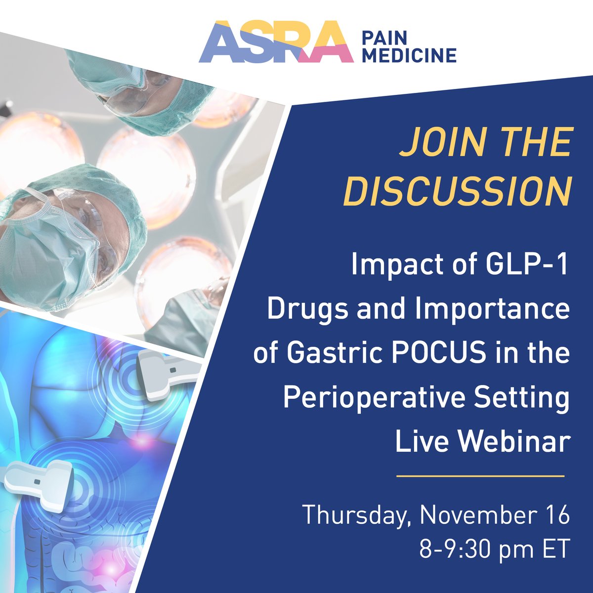 Are you caring for patients taking GLP-1 agonists in the perioperative setting? Listen to experts discuss current research and real-world scenarios during this live webinar event! Sign up to receive the meeting link at tinyurl.com/46tp9hh3.
#PeriopMedSIG #ASRAPOCUS