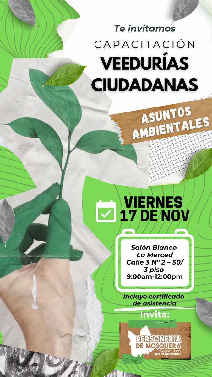 🌎¡Participa! 🙋🏽‍♀️🙋🏻

Acompáñanos este viernes tendremos una capacitación para TODA la #Comunidad sobre asuntos #ambientales y participación ciudadana 

📌Tendremos un invitado experto, ¡No te lo pierdas! 

Reclama tu certificado al final 📥
#mosquera #ambiente