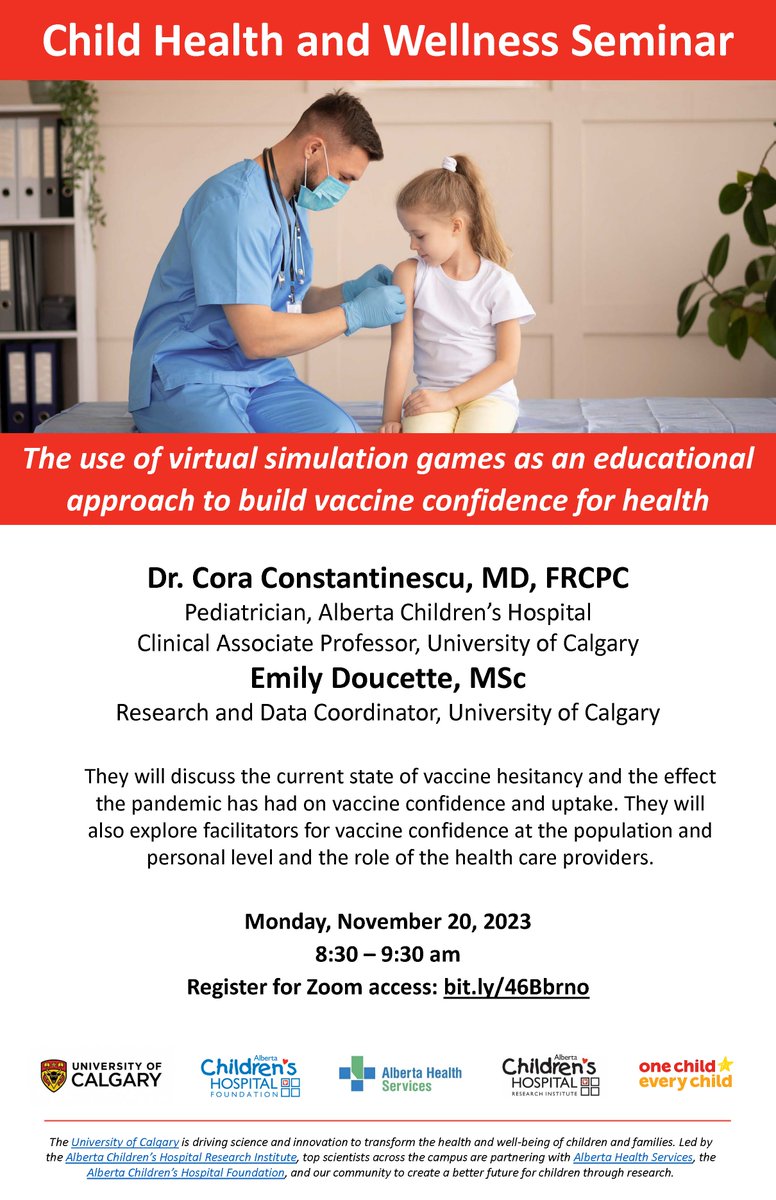 Join @DrCora_C and  Emily Doucette as they discuss the state of vaccine hesitancy and how the pandemic has had an effect on confidence and uptake. Register: bit.ly/46Bbrno

@UCalgaryMed @UCalgaryPeds @ACHFKids @ChildHealthCan @OBrien_IPH @TIPS_SPIIE #OneChildEveryChild