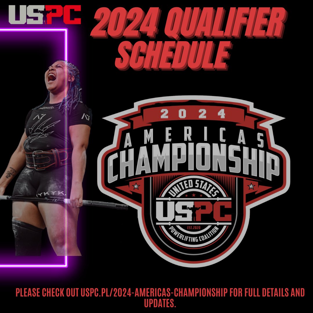 USPC2020's tweet photo. The 2024 powerlifting season officially starts on November 1, 2023!

2024 will offer 2 ways to qualify for the Americas' Championship in Indianapolis, IN!
Place top 3 in your weight class and gear division at a qualifying meet (listed below).  Age divisions count towards qualifyi https://t.co/k6q2XZ9Dj2