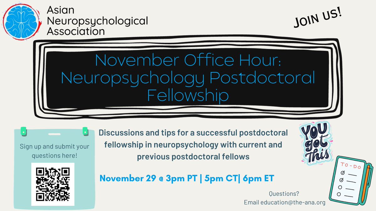 Join us on Weds. 11/29 for the ANA office hour: Tips &amp; Discussions about Applying to Postdoctoral Fellowship

#asianneuropsych #neuropsychology