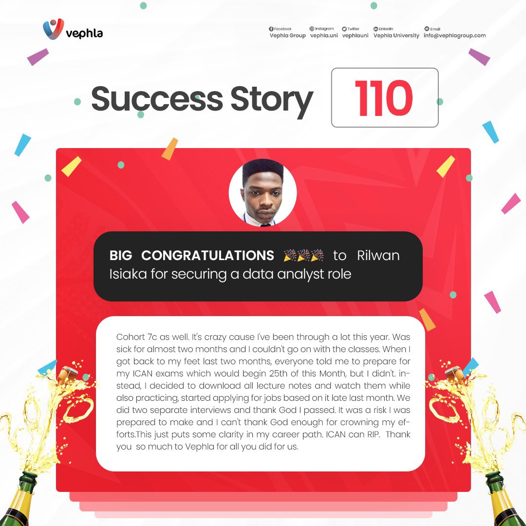 VephlaUni's tweet photo. One of our Recent Data Analytics graduates just landed a role.   

Share in our 110th Success Story  and Celebrate Yomi @iam_real1🎊 with us.
With love from all us.💞 https://t.co/7HwAd0HriT