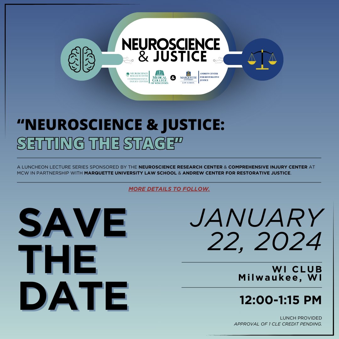 SAVE THE DATE!

The NRC (along with <a href="/cicatmcw/">MCW Comprehensive Injury Center</a>, <a href="/mulaw/">Marquette University Law School</a> &amp; <a href="/MarquetteU/">Marquette University</a> Andrew Center) is hosting a luncheon series starting on Jan. 22nd!

Join us for lunch where we'll dive into what research tells us about the impacts of #stress &amp; #trauma on brain function!

Details to follow!🧠🧑‍⚖️