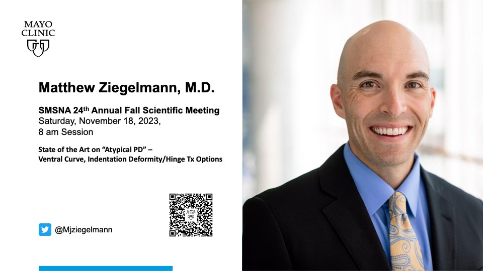 Today at 8am, @MayoUrology's Dr. Matthew Ziegelmann @mjziegelmann will present 'State of the Art on 'Atypical PD' - Ventral Curve, Indentation Deformity/Hinge Tx Options' at #SMSNA23!
@SMSNA_ORG 
#Peyronies
#PeyroniesDisease