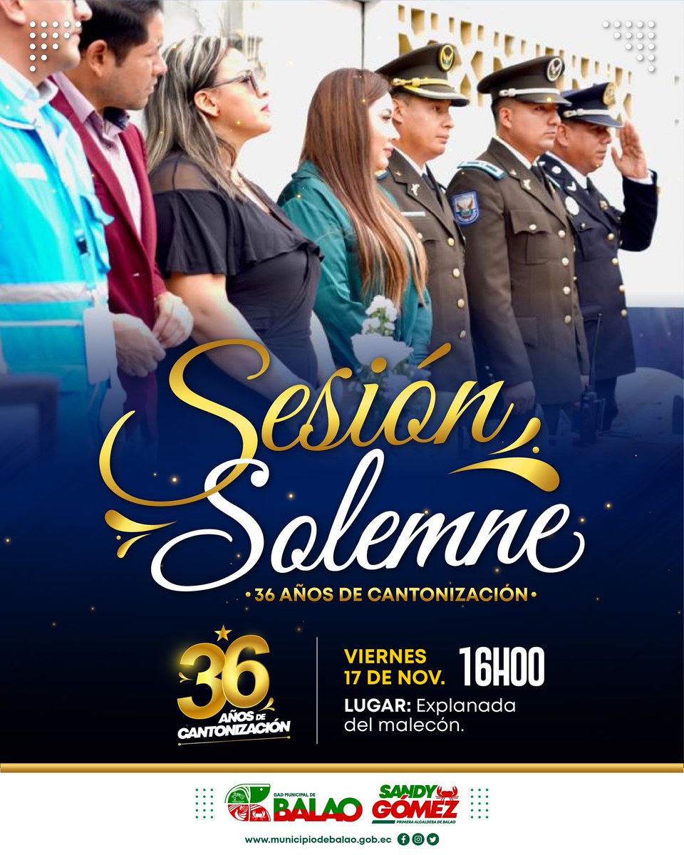 SandyGm33's tweet photo. La Alcaldía Ciudadana de Balao tiene el honor de invitar a todas las familias balaoenses a la sesión solemne por el XXXVI aniversario de cantonización. ¡Acompáñenos en este significativo evento donde celebraremos juntos el crecimiento y la unidad de nuestro amado cantón! 🎉🏡 https://t.co/biumfOxrhE