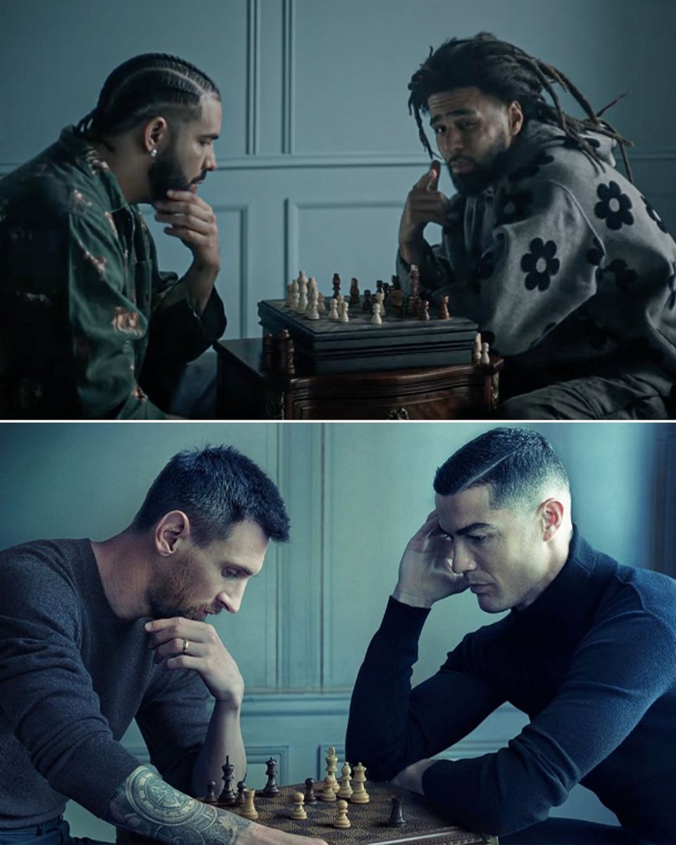 Drake and J. Cole recreated Messi and Ronaldo's iconic chess photo in their latest music video 🎵🔥