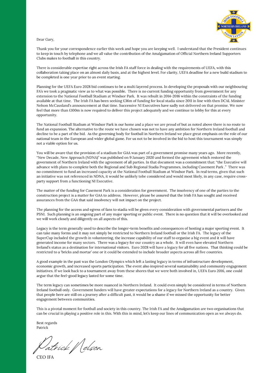 We wrote to the IFA in October asking questions about the plan to stage Euro 2028 matches at Casement Park. Here, we publish our letter and the IFA reply, which we feel fails to address concerns. We will continue to press the IFA and other stakeholders for further disclosure.