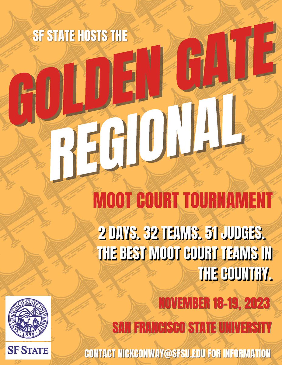 <a href="/PoliSciSFSU/">SF State Political Science</a> is thrilled to host the 2023 Golden Gate Regional Moot Court Tournament with <a href="/SFStateLCA/">SF State Arts</a>! This tournament will showcase the best and the brightest of the Moot Court World, and we could not be more excited. Stay tuned for tournament highlights!