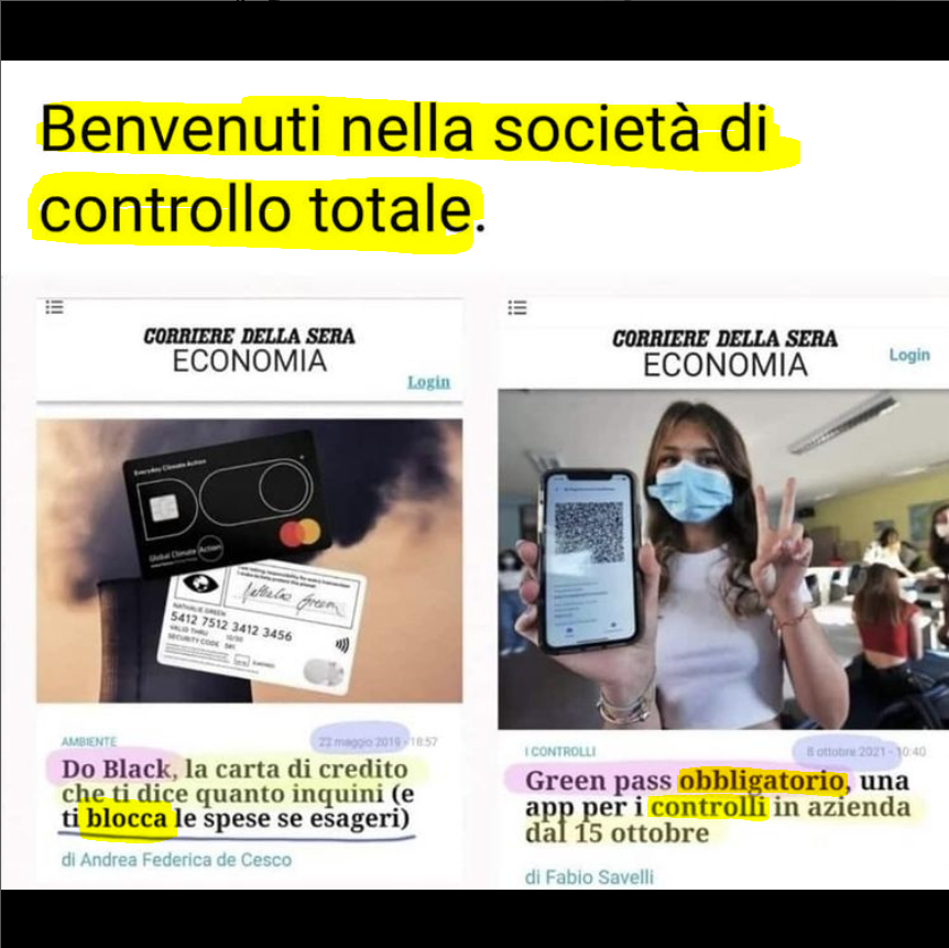 SOCIETA' DEL CONTROLLO
IDENTITA' DIGITALE
ELIMINAZIONE DEL CONTANTE
ESCLUSIONE CON UN CLICK!
#EURODIGITALE #IDENTITADIGITALE #EU #USA #PartitoDemocratico #PD #EllySchlein #RobertoSperanza #GiorgiaMeloni #FratellidItalia #Salvini #Lega #mov5stelle #M5S #GiuseppeConte