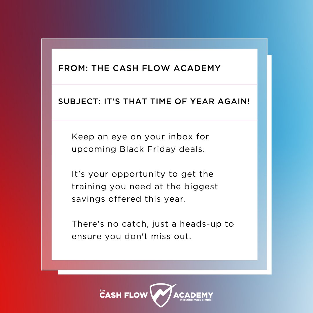 Official_TCFA's tweet photo. We're thrilled to be sharing Black Friday offers with you- starting TODAY! Keep a close watch on your email over the next few weeks for specially curated deals just for you. #BlackFridaySavings #ExclusiveDeals #thecashflowacademy #blackfridaydeals #cashflowacademy https://t.co/JooggHtHEh