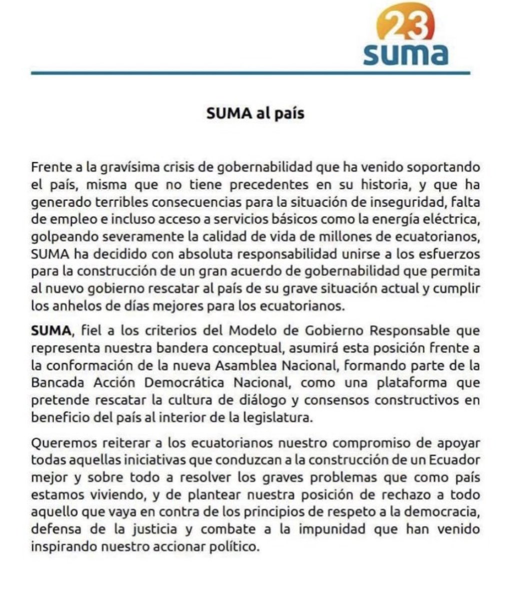 SomosSemillaEc's tweet photo. #Gobernabilidad | El movimiento #SUMA se une a la mayoría legislativa conformada por el #RC5, #PSC y #ADN para no quedarse fuera de los acuerdos para la distribución de comisiones y para "apoyar todas aquellas iniciativas que conduzcan a la construcción de un Ecuador mejor". https://t.co/0IM2gP86lL