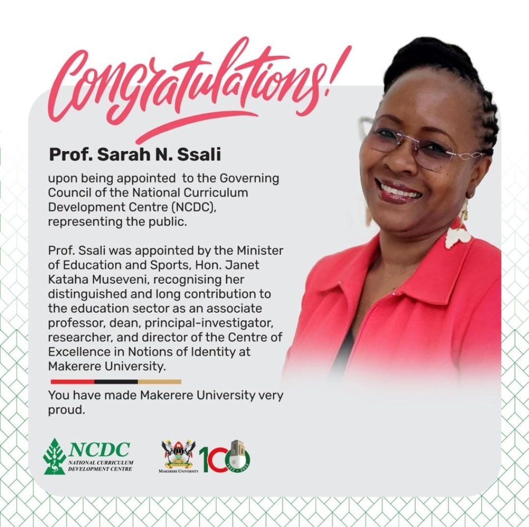 Makerere University ARUA-CoE Notions of Identity (@makcoeidentity) on Twitter photo Heartfelt congratulations to the Director of <a href="/MAKCoEIdentity/">Makerere University ARUA-CoE Notions of Identity</a> and the Dean <a href="/Mak_SWGS/">Makerere School of Women and Gender Studies</a> on your appointment to the <a href="/NCDCUg/">National Curriculum Development Centre</a> by the First Lady <a href="/JanetMuseveni/">Janet K Museveni</a>. Your expertise and commitment are truly valued, and this recognition is well-deserved. As <a href="/MAKCoEIdentity/">Makerere University ARUA-CoE Notions of Identity</a>, we pride in you! Heartfelt congratulations to the Director of <a href="/MAKCoEIdentity/">Makerere University ARUA-CoE Notions of Identity</a> and the Dean <a href="/Mak_SWGS/">Makerere School of Women and Gender Studies</a> on your appointment to the <a href="/NCDCUg/">National Curriculum Development Centre</a> by the First Lady <a href="/JanetMuseveni/">Janet K Museveni</a>. Your expertise and commitment are truly valued, and this recognition is well-deserved. As <a href="/MAKCoEIdentity/">Makerere University ARUA-CoE Notions of Identity</a>, we pride in you!