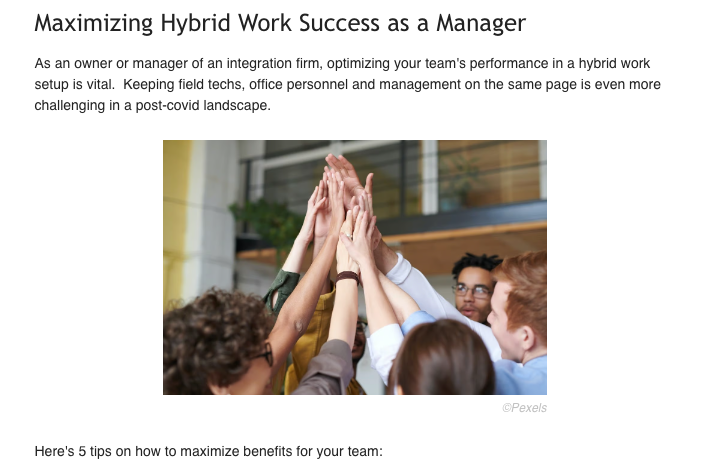 BreakfastBitez's tweet photo. Hey #Integrators, keeping field techs, office personnel and management on the same page has always been a challenge. Throw in remote workers and it's even more of a challenge. Here's 5 tips on how to maximize benefits for a #hybridteam...  link in bio or https://t.co/NaEjSUpDnr https://t.co/1j6sUZxoFg