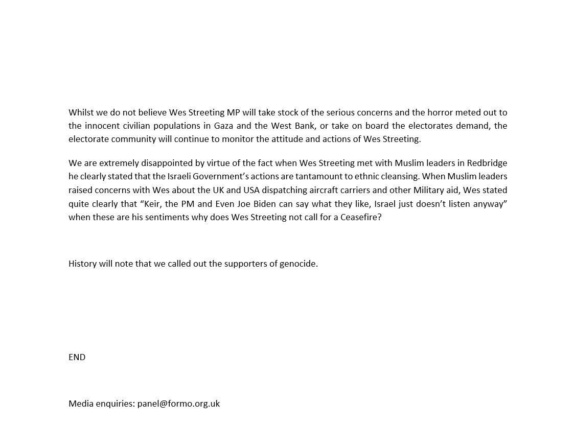 Our Statement on tonights Ceasefire vote. When local MPs like Sam Tarry, Stella Creasy,Jon Cruddas and a number of front bench cabinet members voted for a Ceasefire we are extremely disappointed that <a href="/wesstreeting/">Wes Streeting</a> fails to vote for a Ceasfire and call for him to Resign #Ceasefire