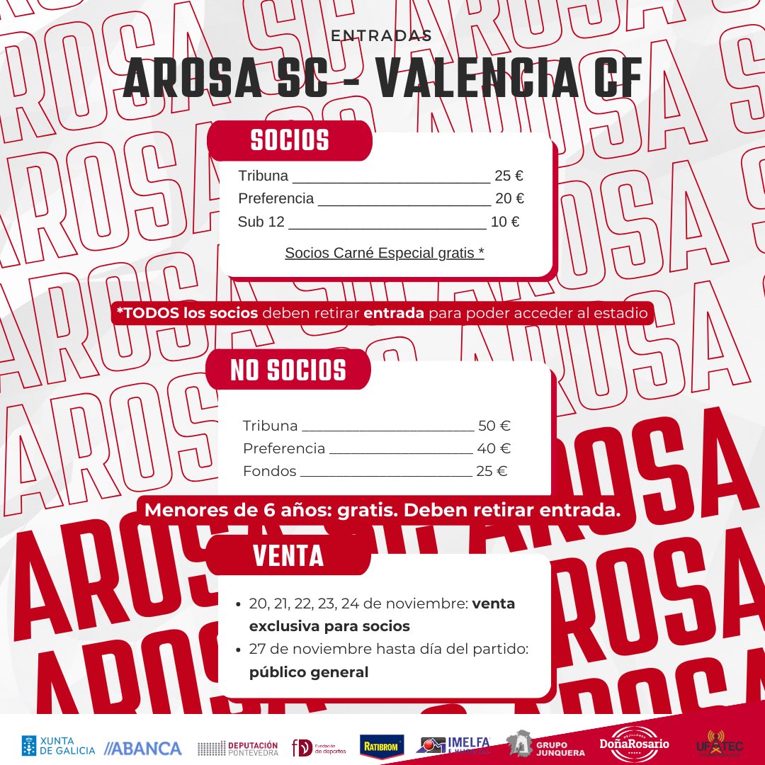 ArosaSCOficial's tweet photo. 👑 Ya tenemos rival… ¡y ya tenemos horario! 

🏆 #CopaDelRey: segunda eliminatoria 
🆚 Valencia CF (@valenciacf) 
📅 Martes, 5 de diciembre 
🕘 21:00
🏡 Estadio Municipal A Lomba
🎫 ¡Información sobre las entradas ya disponible! 

#ForzaArosa #ArosaSC https://t.co/PRpYLNlw7n