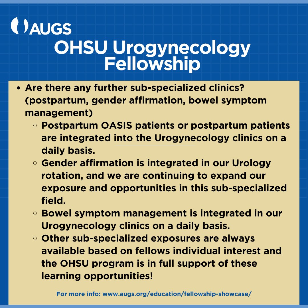 Here are the sub -specialized clinics and experiences available at OHSU Urogyn Fellowship! <a href="/ohsufpmrs/">ohsufpmrs</a> 

#FutureFellowsofAUGS #FutureUrogynFellows #AUGSFellowshipShowcase #Obgyn #Obgyntwitter #MedEd #Medtwitter