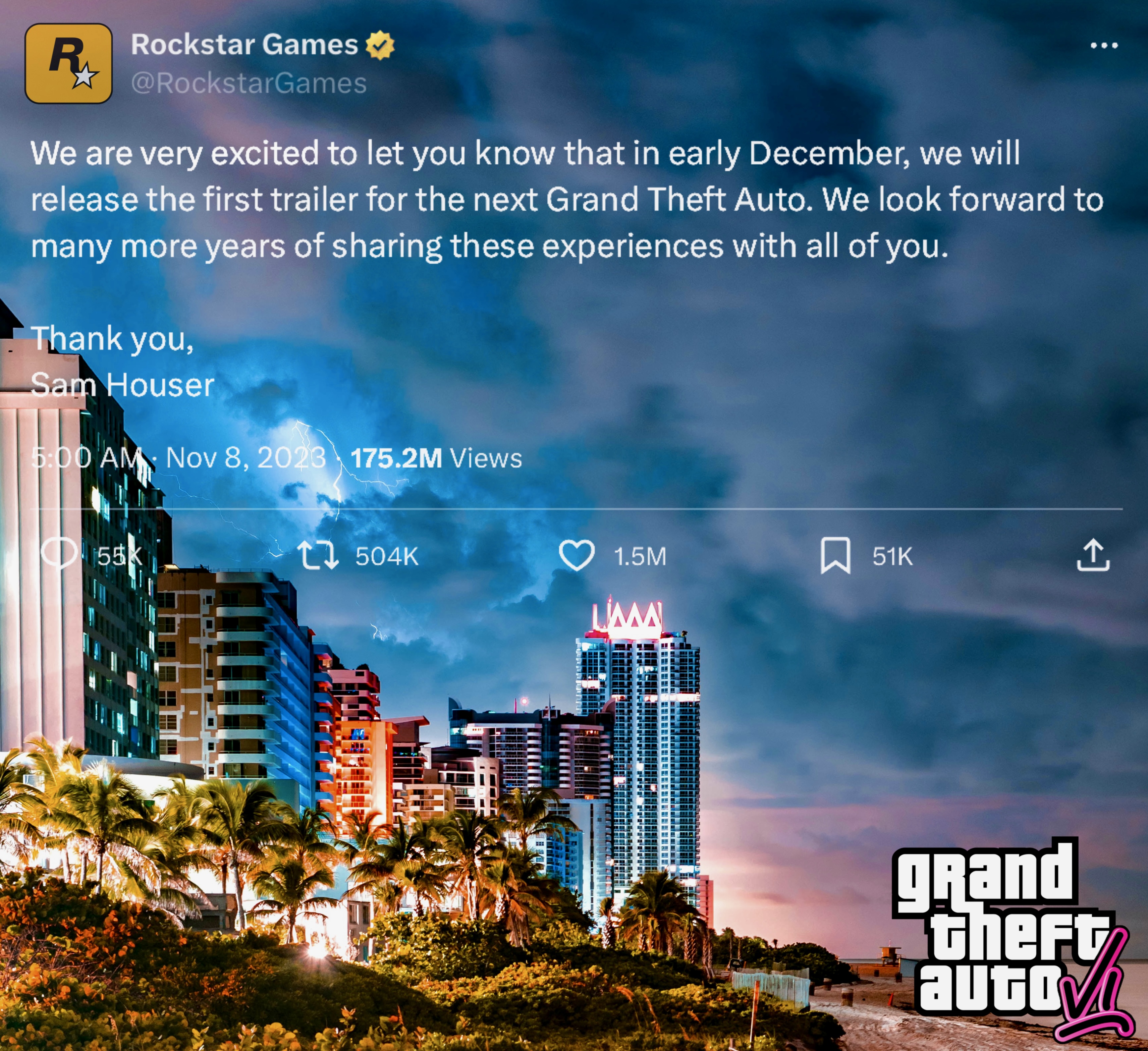 GTA 6 Trailer Countdown ⏳ on X: 300 days ago, an hour of GTA 6 footage was  leaked. Rockstar's response became the most liked gaming tweet of all time,  assuring fans that