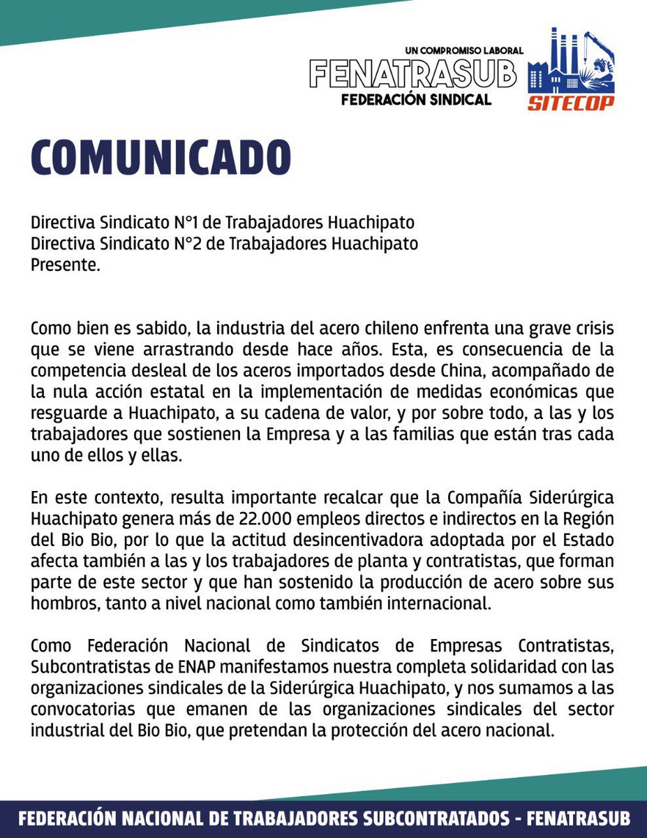 fenatrasub's tweet photo. ✅ COMUNICADO
Apoyo y solidaridad con trabajadores/as de CAP Huachipato https://t.co/9yFVEqGuj5