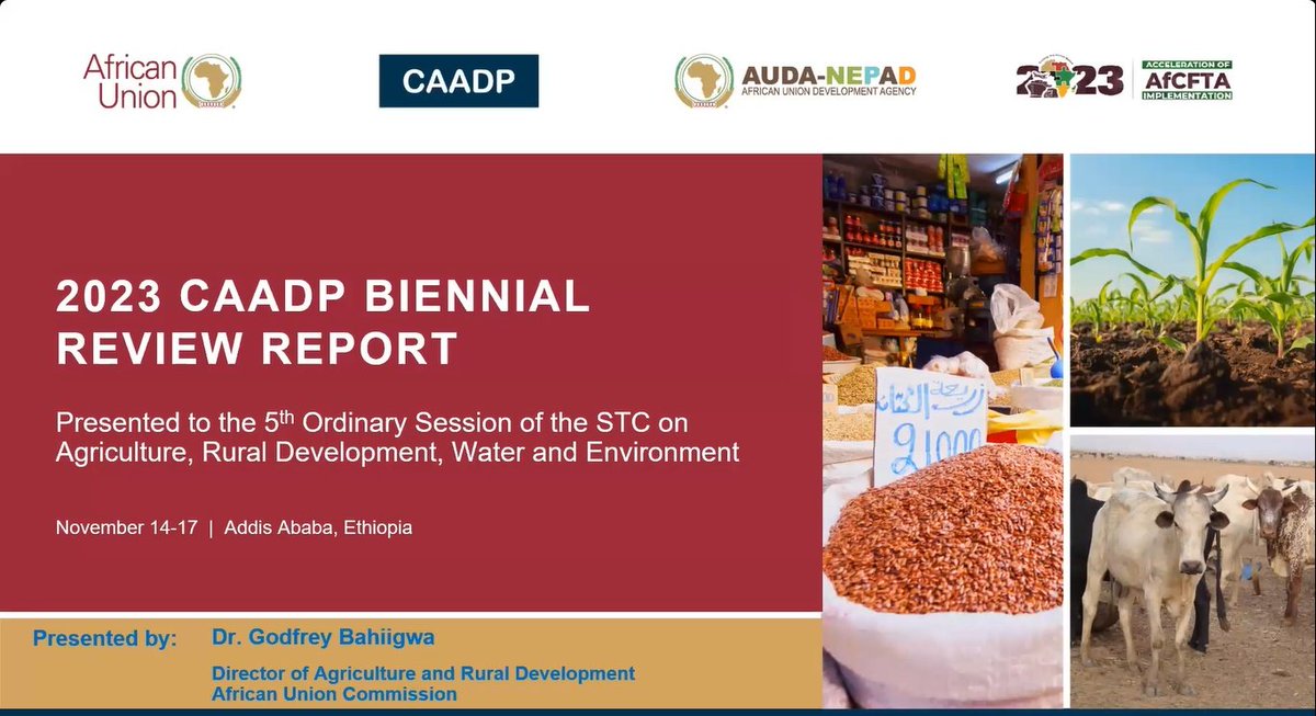 bahiigwa's tweet photo. 1/2: Honored to present the 4th #CAADP Biennial Review Report at the 5th STC on Agriculture Rural Dev't, Water&amp;Environment.I thank our AU #MemberStates for completing the rigorous #DataCollection &amp; #DataValidation to have a #QualityReport ready for endorsement by AU policy Organs https://t.co/odhGEnj3ao